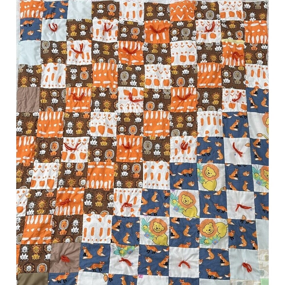 Handmade Quilt Baby Lion Fox Animal Orange Brown Neutral Patchwork Crib Blanket